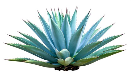 Vibrant blue agave plant displaying its sharp, geometrically arranged leaves with isolated