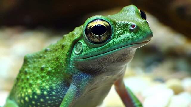 Vibrant Green Frog Close-Up: Detailed Portrait of an Amphibian with Striking Golden Eyes and Textured Skin