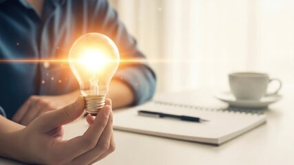 Bright idea: Hand holding glowing lightbulb in creative workspace environment.