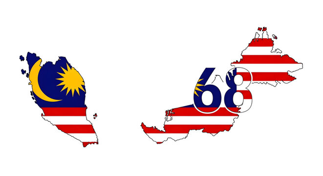 Illustration of the map of Malaysia with the national flag design, commemorating the 68th anniversary or National Day celebration.