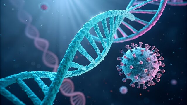 Abstract DNA strand infecting cell; microscopic medical background - Powered by Adobe