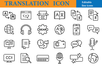 Collection of translation and communication icons, including language, global connection, audio, and document symbols, isolated on white background