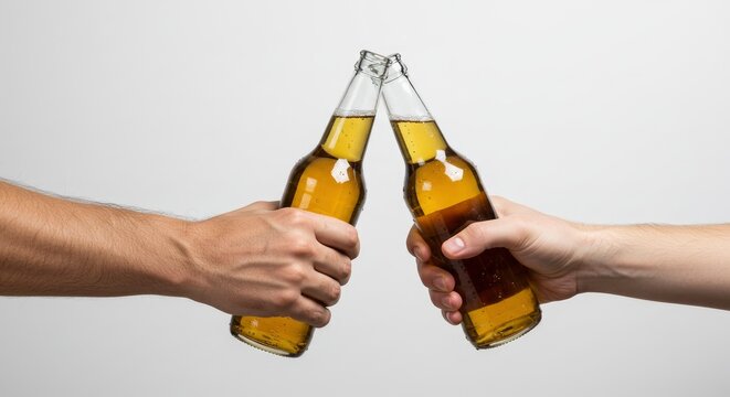 Two hands toasting clear beer bottles with yellow liquid against a white backdrop - Powered by Adobe