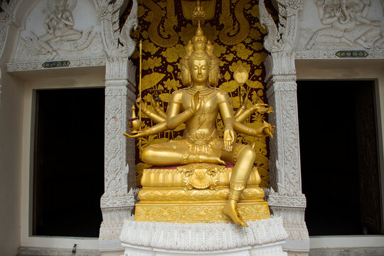 Brahma with 4 Faces and 8 hands at ancient ordination hall or antique ubosot for thai people travelers travel visit in Wat Nok Pak Thale Temple at Ban Laem on June 28, 2025 in Phetchaburi, Thailand