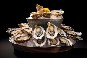 Delicious oysters elegantly stacked on a polished platter with lemon adding a burst of freshness