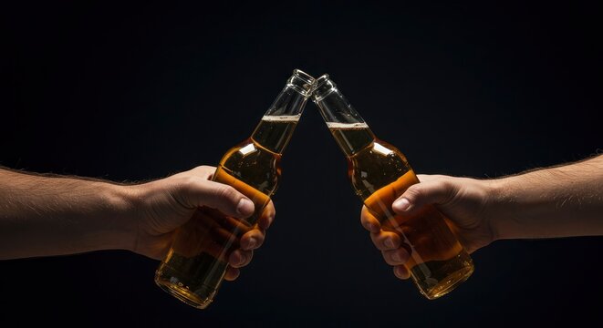 Two hands holding beer bottles clinking their tops against a dark background