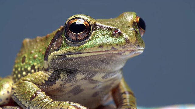 Close-up portrait of a vibrant green and brown frog with large eyes, showcasing detailed amphibian skin texture