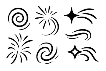 Dynamic motion line elements vector set. Abstract swirls bursts stars curves decorative graphic design elements for animation art creative projects logo branding