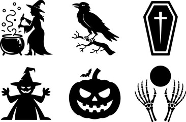 Naklejka premium Halloween silhouettes Witch Cauldron Spooky Crow Coffin Outline Pumpkin Face Bone Hands Scarecrow Hat