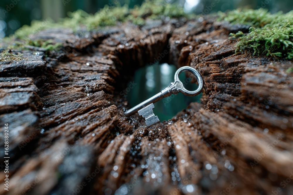 Poster key nestled in a weathered tree stump surrounded by lush greenery in a tranquil forest setting