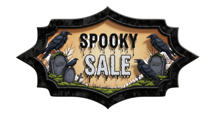 A spooky sale sign with ravens perched on tombstones in a decorative frame on a black background