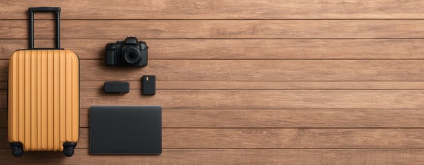 Digital Nomad Tools Travel essentials arranged on a wooden surface, including a suitcase, camera, and electronic devices. digital nomad cozy setup
