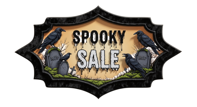 A spooky sale sign with ravens perched on tombstones in a decorative frame on a black background - Powered by Adobe