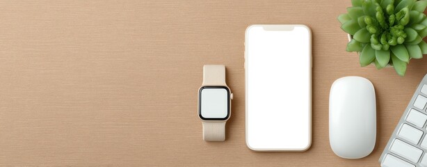 Digital Nomad Tools Modern workspace featuring a smartwatch, smartphone, mouse, keyboard, and a succulent plant on a wooden desk. digital nomad cozy setup