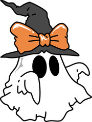 Retro Groovy Halloween Ghost Wearing a Witch Hat with Orange Bow Illustration