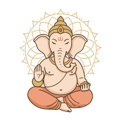A serene illustration of the Hindu deity Lord Ganesha meditating in a lotus pose, with a hand raised in blessing before a golden mandala