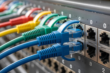 Photo of close up of network cables connected to a switch, showcasing data center infrastructure