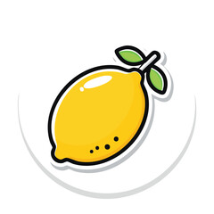 Simple Lemon Icon in Bold Outline Style with Black Thick Border and Solid Yellow Fill, Modern Minimalist Fruit Sticker Vector Illustration

