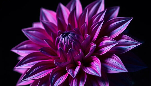 Close up of a vibrant purple dahlia flower with dark background - Powered by Adobe