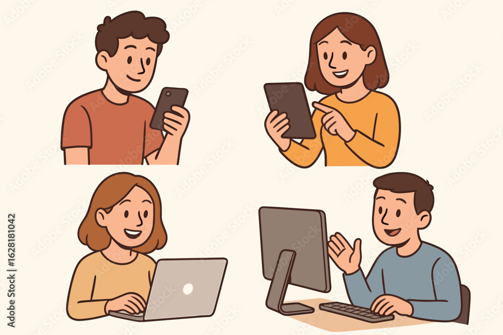 Poster modern people using digital devices collection. vector characters with smartphones tablets computers