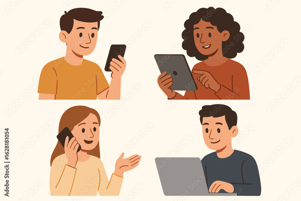 Poster modern diverse people using digital technology devices vector collection. characters with smartphone