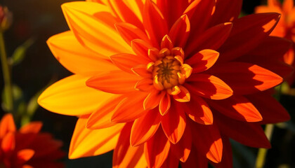 Close up of a vibrant orange dahlia flower with a bee on its petals