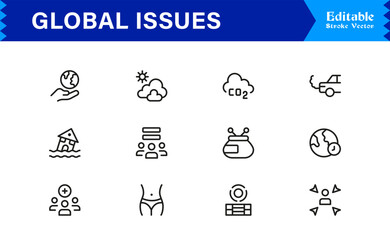 Global Issues Icon Set Featuring Environmental, Social, and Economic Symbols in Vector Style