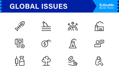 Global Issues Icon Set Featuring Environmental, Social, and Economic Symbols in Vector Style