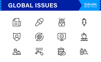Global Issues Icon Set Featuring Environmental, Social, and Economic Symbols in Vector Style