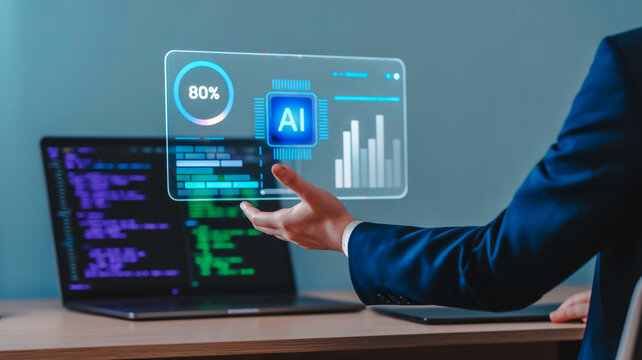 Person in blue suit presenting A I data interface with laptop showing code artificial intelligence technology