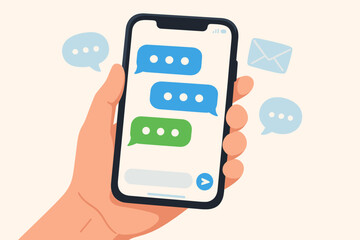 Hand holding smartphone with text messages chat bubbles conversation digital communication mobile texting app social media vector illustration cartoon style design
