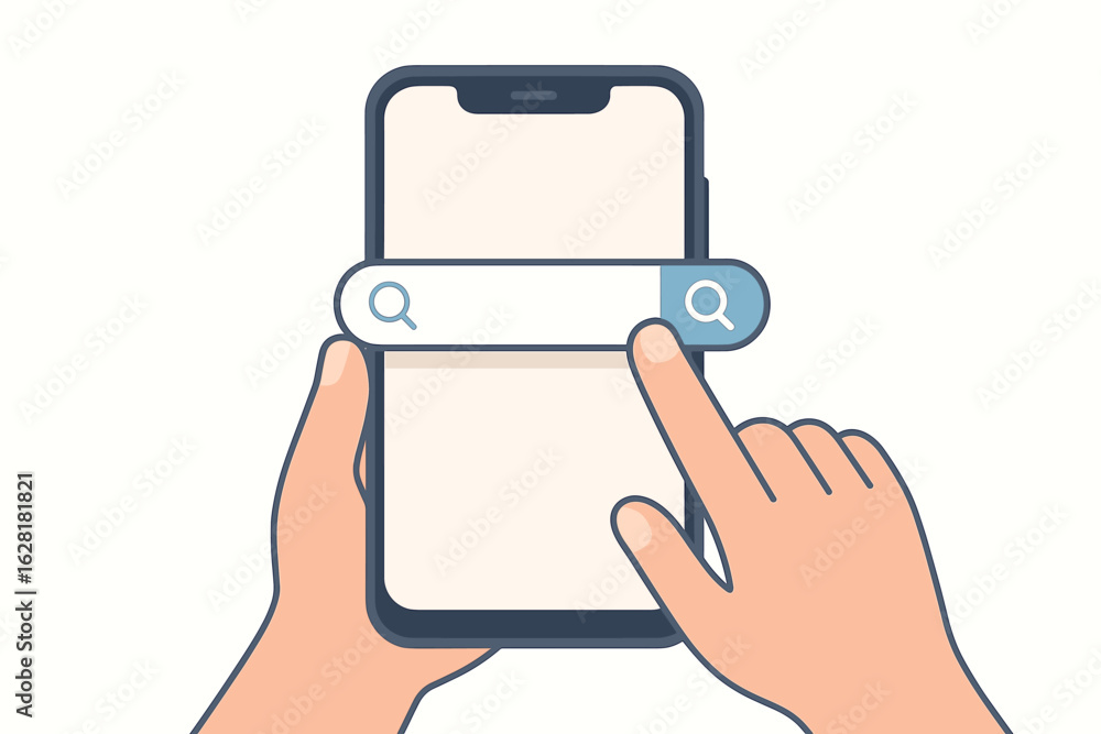 Poster mobile phone search interface with hands touching search bar. smartphone screen web browsing concept