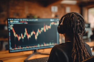 Person in headphones viewing stock chart on computer