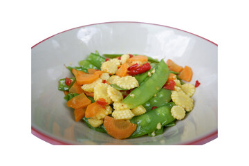 Stir-fried green beans with baby corn, carrots, chili peppers vegetarian dish.