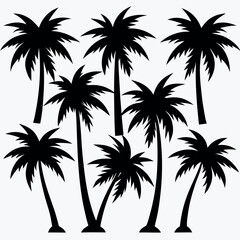 Fototapeta premium Pack of 10 palm tree silhouettes in varied angles isolated on white background