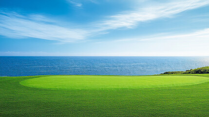 Obraz premium Beautiful green grass lawn with a blue sky and sea background