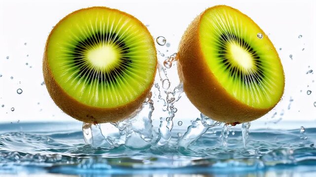 Refreshing Kiwi Fruit Splash:  High-Resolution, Slow-Motion Water Droplets and Vibrant Colors.