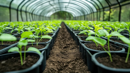 vibrant greenhouse filled with rows of young green plants growing in rich soil, showcasing sustainable agriculture and cultivation