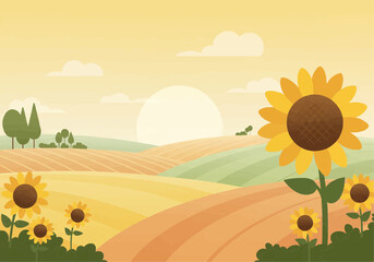 A serene autumnal landscape with sunflowers and rolling hills, bathed in warm sunlight.