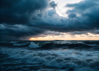 dark storm clouds over rough ocean waves at dusk
