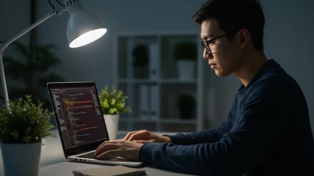 Focused Programmer Working Late at Night, Coding on Laptop with Illuminated Desk Lamp in Cozy Indoor Setting Surrounded by Indoor Plants