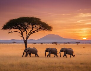 Obraz premium Majestic Elephants at Sunset in African Savannah