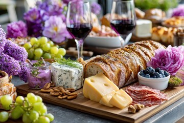Elegant charcuterie board with wine and flowers at a stylish gathering in springtime