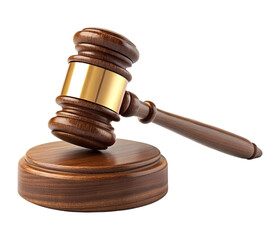 Fototapeta premium A classic wooden gavel with a golden band is poised on its round block. This isolated transparent png object represents legal authority and order.