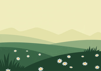 Obraz premium Serene landscape illustration featuring rolling green hills, distant mountains, and scattered daisies.
