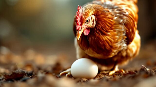 Hen and Freshly Laid Egg:  Warm Autumnal Light,  Close-Up Macro Stock Footage