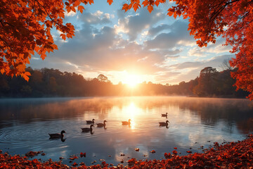 A serene lake scene with ducks swimming, surrounded by autumn leaves and a sunrise in the background, creating a peaceful atmosphere.
