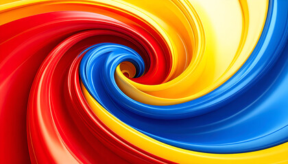 A close-up of a glossy, spiraling formation in primary colors, creating a mesmerizing and hypnotic pattern with smooth, flowing lines.