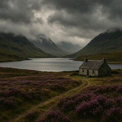 Obraz premium Remote stone cottage beside highland lake with purple heather