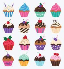 A Collection of 16 Colorful Decorative Cupcakes with Various Toppings dessert sweet